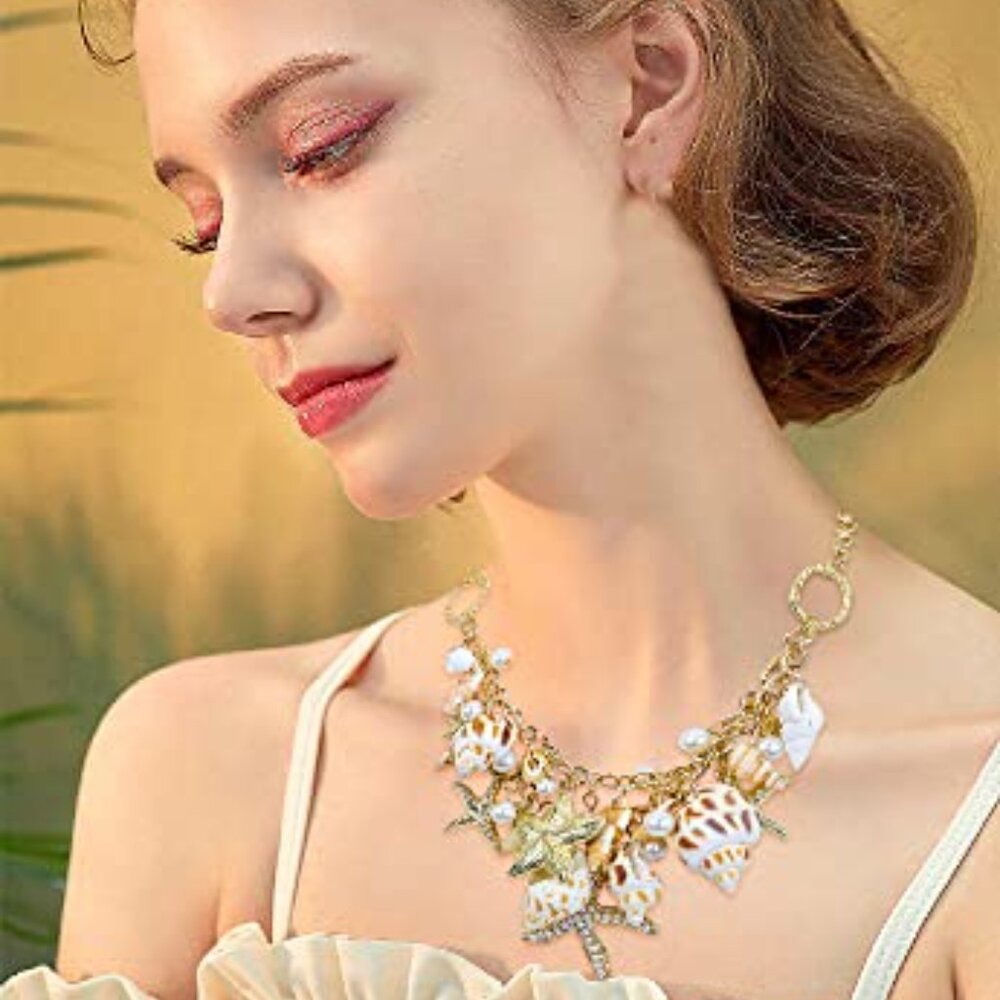 Mermaid Tail Shell Statement Necklace Chunky Bib … - image 3